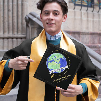 World Traveler The Adventure Begins Personalized Graduation Cap Topper by VisionsandVerses at Zazzle
