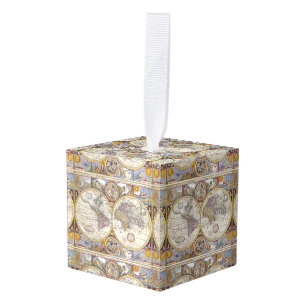 World Traveler Vintage Map Cube Ornament