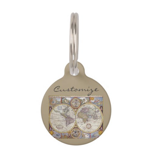 World Traveler Vintage Map Pet ID Tag