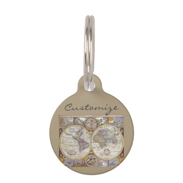World Traveler Vintage Map Pet ID Tag (Front)