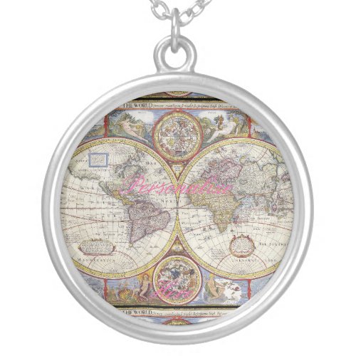 World Traveler Vintage Map Thunder_Cove Silver Plated Necklace