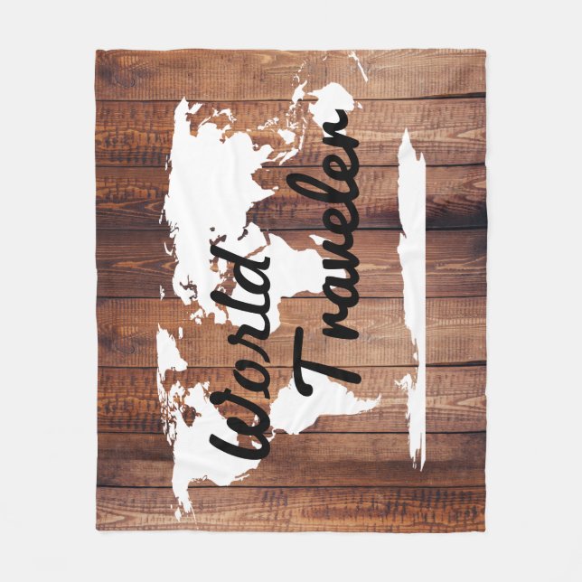 World Traveler White World Map Dark Wood Fleece Blanket (Front)