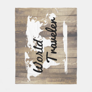 World Traveler White World Map Light Wood Fleece Blanket