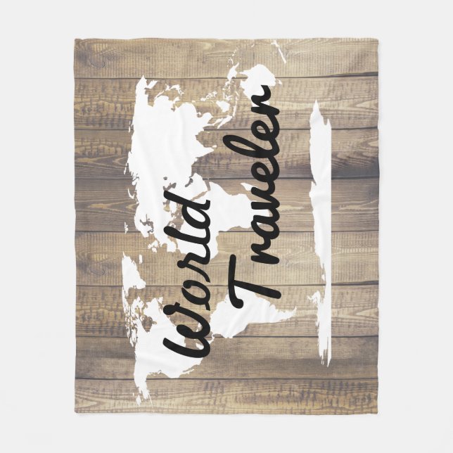 World Traveler White World Map Light Wood Fleece Blanket (Front)