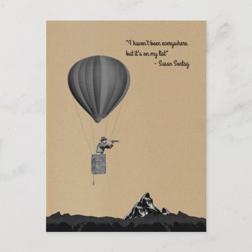 World traveler with hot air balloon and mountains postcard