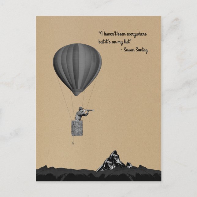 World traveler with hot air balloon and mountains postcard (Front)