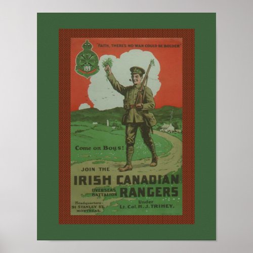 World War 1 Irish Canadian Rangers Military Poster