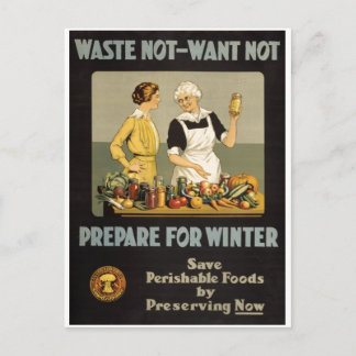 World War 1 poster. Waste not, want not. Postcard