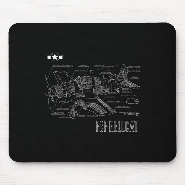 World War 2 F6f Hellcat Fighter Airplane Blueprint Mouse Pad (Front)