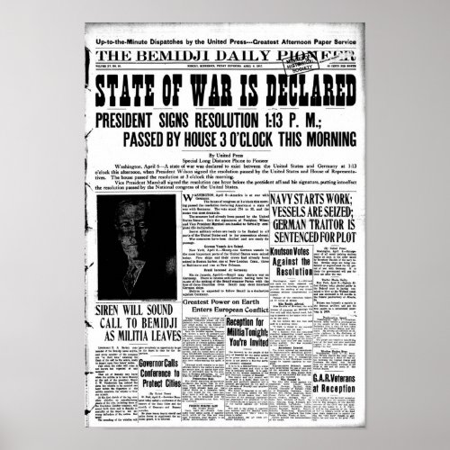 World War I declared _ newspaper front page Poster