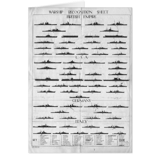 World War II Navy Battleship Recognition Chart Cards (Front)