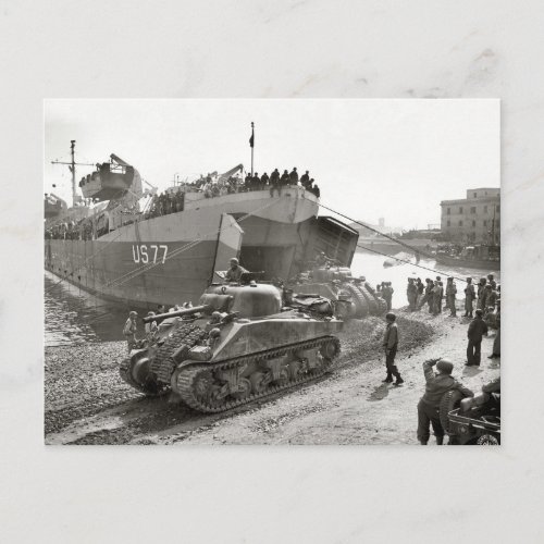 World War II  Sherman tanks disembarking in Anzio Postcard