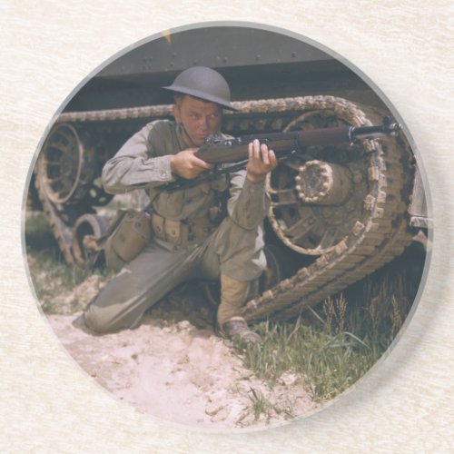 World War II Soldier Kneeling with Garand Rifle Drink Coaster