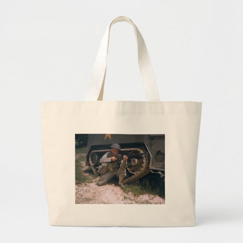 World War II Soldier Kneeling with Garand Rifle Large Tote Bag