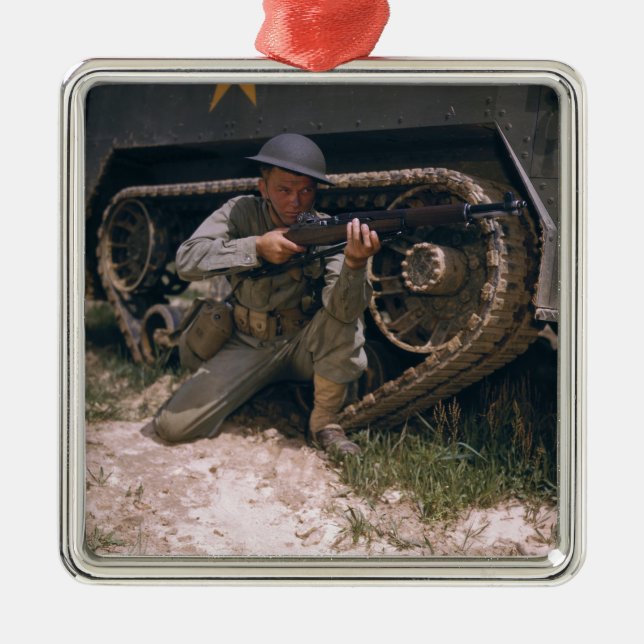 World War II Soldier Kneeling with Garand Rifle Metal Ornament (Front)