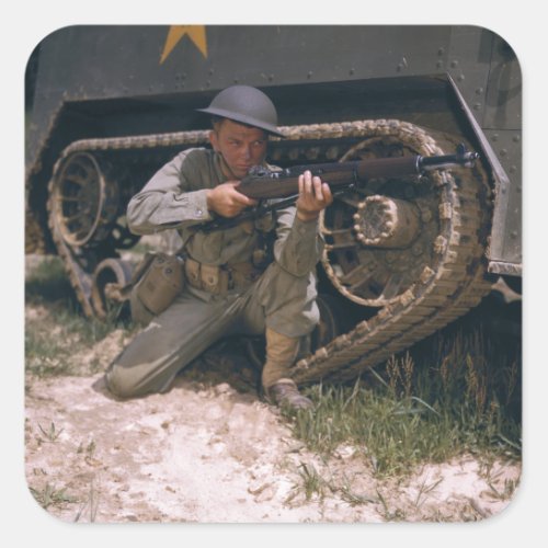 World War II Soldier Kneeling with Garand Rifle Square Sticker