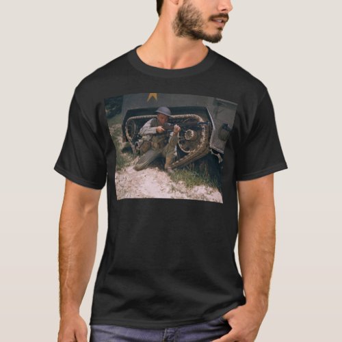 World War II Soldier Kneeling with Garand Rifle T_Shirt