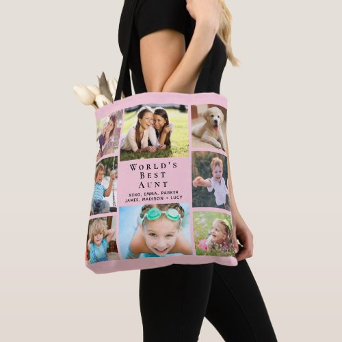 Worlds Best Aunt 8 Photo Collage Pink Tote Bag