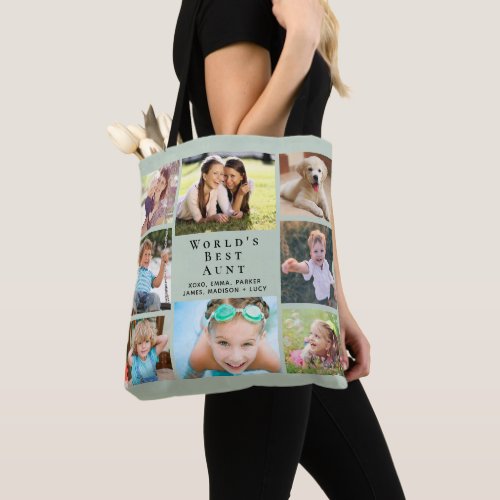 Worlds Best Aunt 8 Photo Collage Sage Green Tote Bag