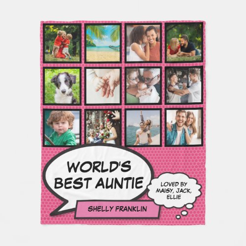 Worlds Best Aunt Auntie 12 Photo Comic Pink Fun Fleece Blanket