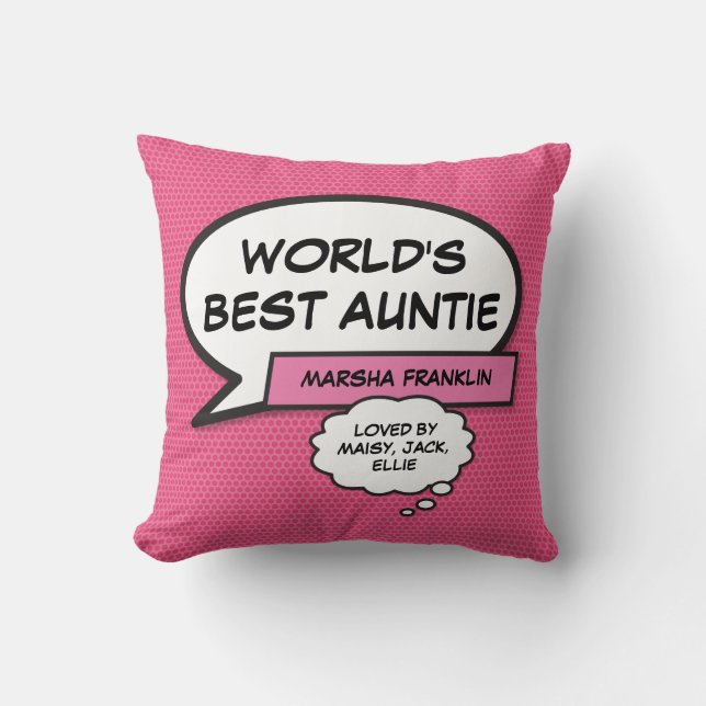 World's Best Aunt Auntie Cool Fun Comic Girly Pink Throw Pillow (Front)