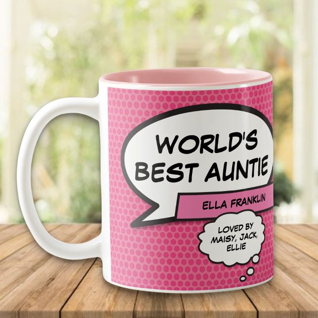 Worlds Best Aunt Auntie Fun Cool Comic Girly Pink Two-Tone Coffee Mug (Creator Uploaded)