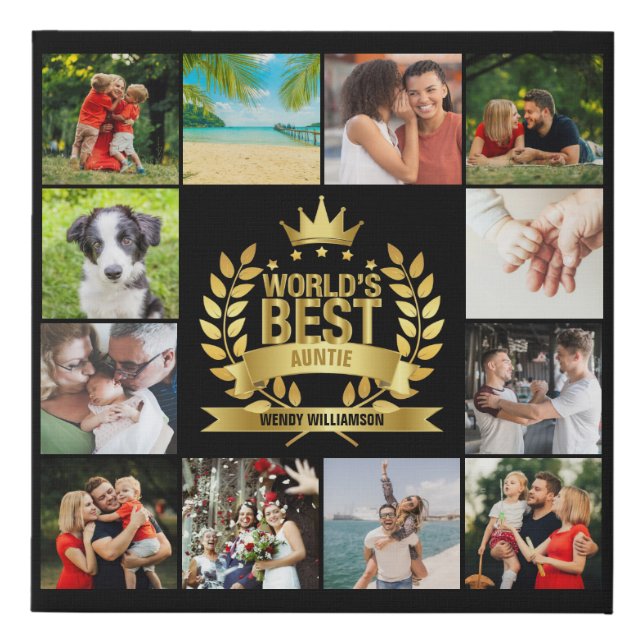 World's Best Aunt Auntie Photo Collage Gold Black Faux Canvas Print (Front)