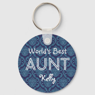 World's Best AUNT Custom Dark Blue Damask Gift 14 Keychain