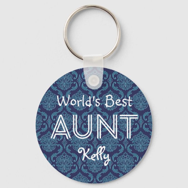 World's Best AUNT Custom  Dark Blue Damask Gift 14 Keychain (Front)