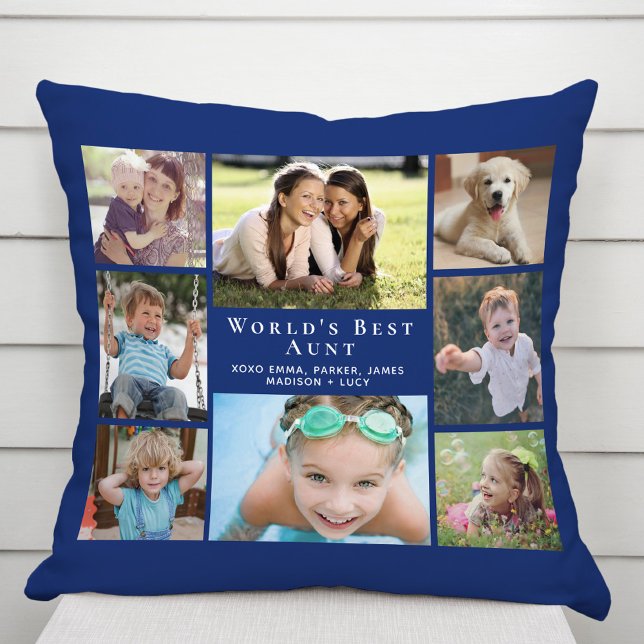 World's Best Aunt Photo Collage Blue Throw Pillow (Creator Uploaded)