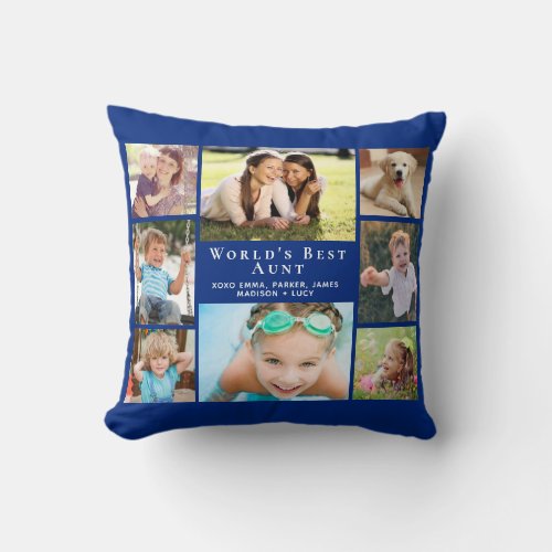 Worlds Best Aunt Photo Collage Personalized Blue Throw Pillow