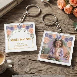 World's Best Aunt Photo Floral Gold Frame Keychain