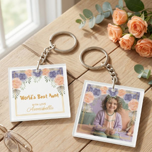 World's Best Aunt Photo Floral Gold Frame Keychain