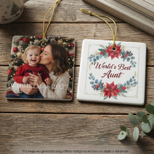World's Best Aunt Red Poinsettia Floral Holiday Ceramic Ornament