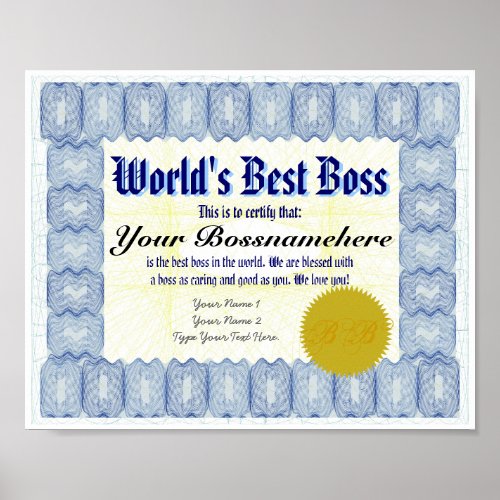 Worlds Best B oss Certificate Print