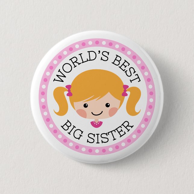 Worlds best big sister cartoon girl blond hair button (Front)