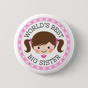 Worlds best big sister cartoon girl brown hair pinback button