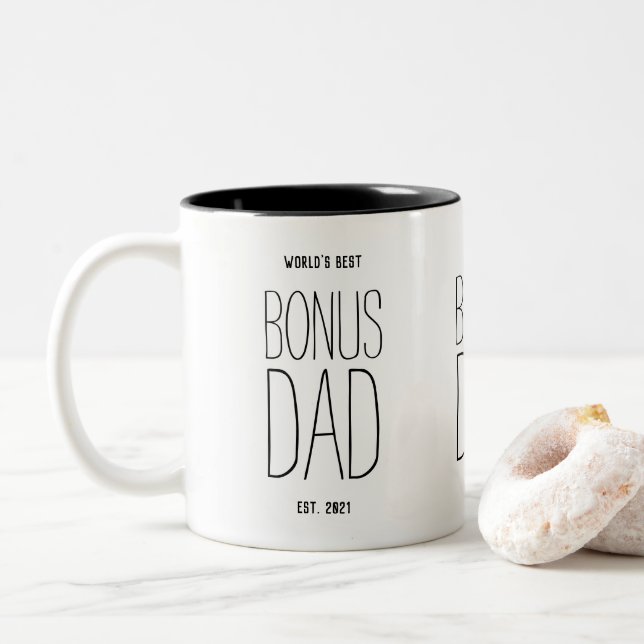 World's Best Bonus Dad Text Two-Tone Coffee Mug (With Donut)