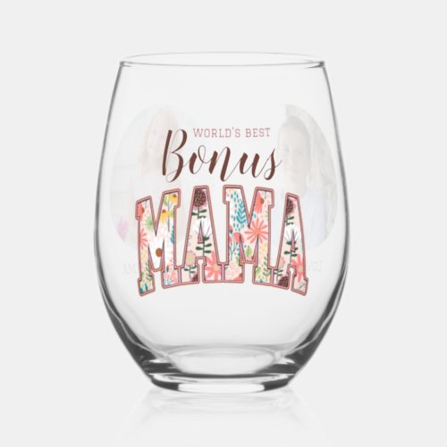 Worlds Best Bonus Mama Two Photo Mothers Day Stemless Wine Glass