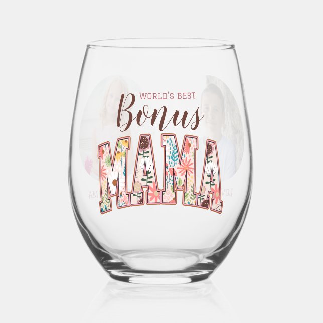 World's Best Bonus Mama Two Photo Mother's Day Stemless Wine Glass (Left)