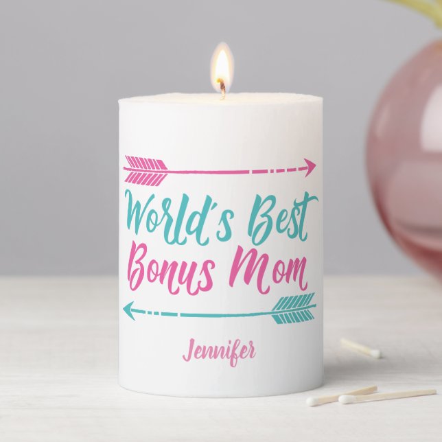 World's Best Bonus Mom Cute Custom Gift Pillar Candle (In Situ)