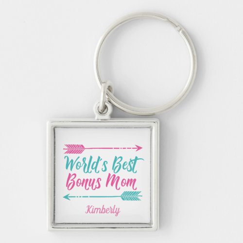 Worlds Best Bonus Mom Cute Monogram Stepmom Keychain
