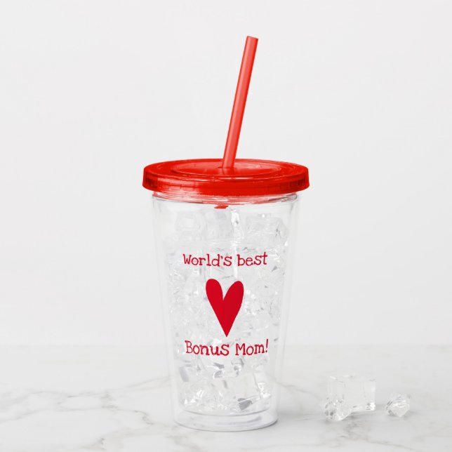 World's Best Bonus Mom! | Red Heart Mother's Day Acrylic Tumbler (Back Ice)