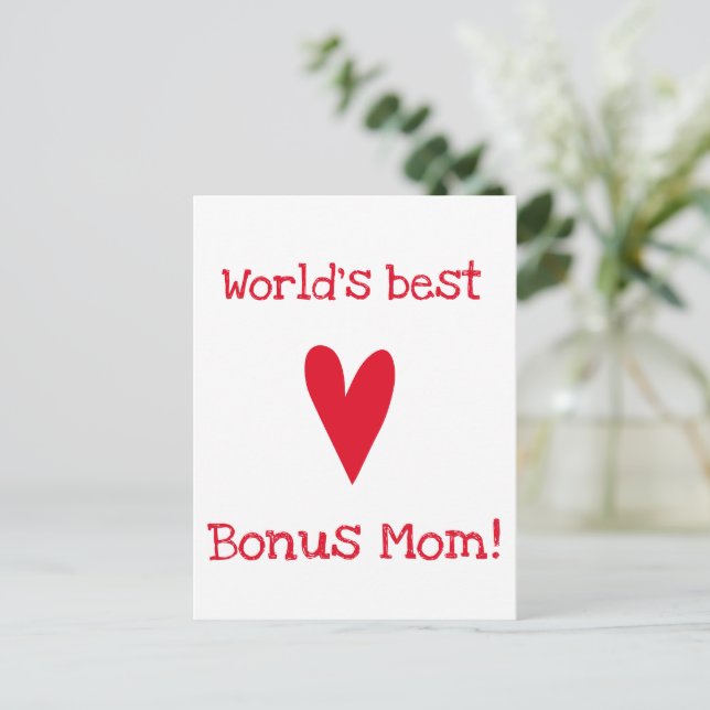 World's Best Bonus Mom! | Red Heart Mother's Day Postcard (Standing Front)
