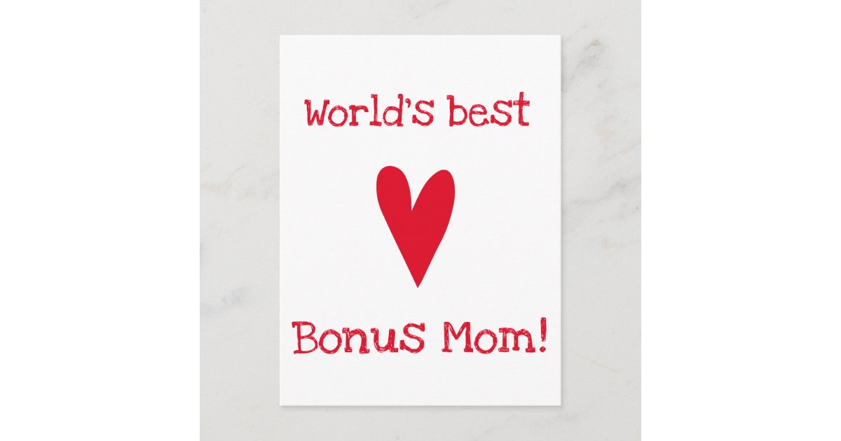 Worlds Best Bonus Mom! | Red Heart Mothers Day Postcard | Zazzle