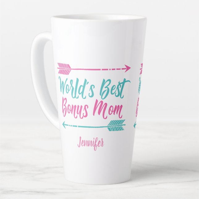 World's Best Bonus Mom Stepmom Pink Mother's Day Latte Mug (Left Angle)