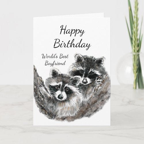 Worlds Best Boyfriend  Birthday Raccoon Animals Card