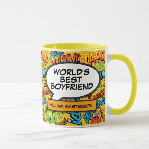 Worlds Best Boyfriend Name Comic Book Fun Retro Mug