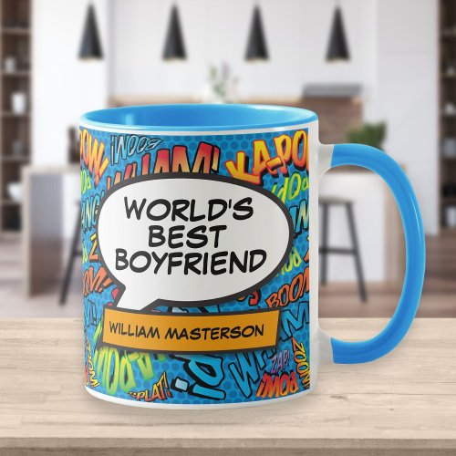 Worlds Best Boyfriend Name Fun Retro Comic Blue Mug
