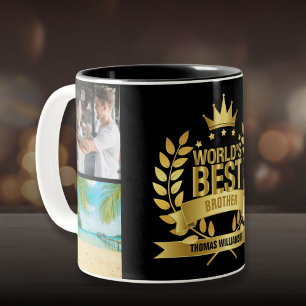 World's Best Brother Photo Collage Black and Gold Two-Tone Coffee Mug